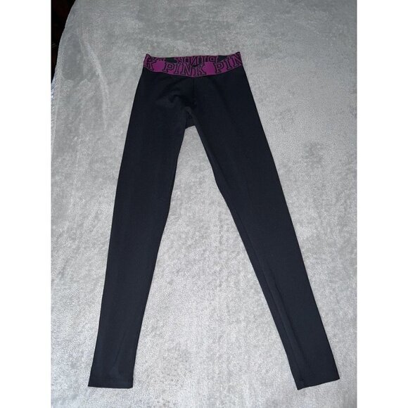 PINK Yoga Black Fuchsia Logo Leggings Active Pants Sz S - Picture 2 of 9